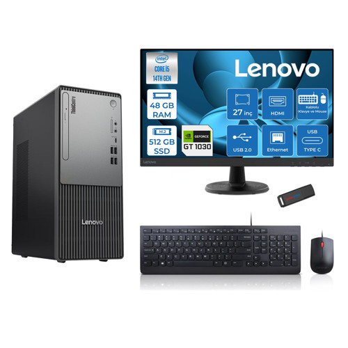 Thinkcentre Neo 50T Gen5 Intel Core I5 14400 48GB Ddr5 512GB SSD 27 Inç Monitör Freedos Nvidia GT1030 4gb Masaüstü Bilgisayar 10302712UAS1CF00F17 + Zetta Flash Bellek