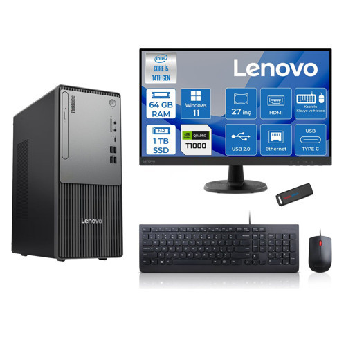 Thinkcentre Neo 50T Gen5 Intel Core I5 14400 64GB Ddr5 1tb SSD 27 Inç Monitör Windows 11 Home Quadro T1000 4gb Masaüstü Bilgisayar 10002712UAS1CF00H23 + Zetta Flash Bellek