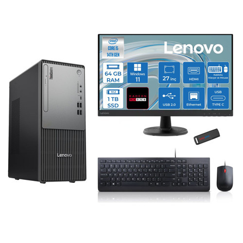 Thinkcentre Neo 50T Gen5 Intel Core I5 14400 64GB Ddr5 1tb SSD 27 Inç Monitör Windows 11 Pro Radeon RX550 4gb Masaüstü Bilgisayar 5502712UAS1CF00P23 + Zetta Flash Bellek