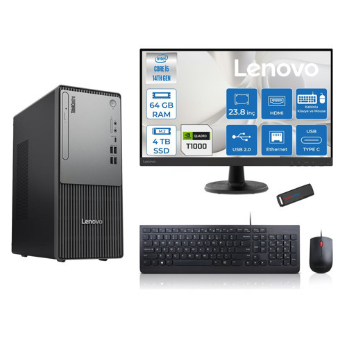 Thinkcentre Neo 50T Gen5 Intel Core I5 14400 64GB Ddr5 4tb SSD 23.8 Inç Monitör Freedos Quadro T1000 4gb Masaüstü Bilgisayar 10002412UAS1CF00F25 + Zetta Flash Bellek