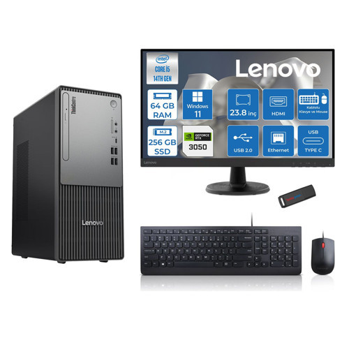 Thinkcentre Neo 50T Gen5 Intel Core I5 14400 64GB Ddr5 256GB SSD 23.8 Inç Monitör Windows 11 Pro Nvidia RTX3050 6gb Masaüstü Bilgisayar 30502412UAS1CF00P21 + Zetta Flash Bellek