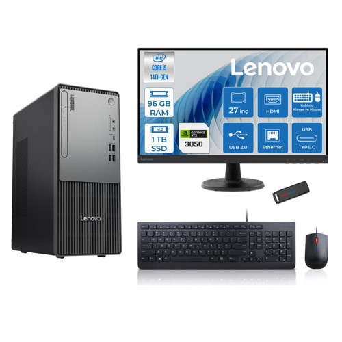 Thinkcentre Neo 50T Gen5 Intel Core I5 14400 96GB Ddr5 1tb SSD 27 Inç Monitör Freedos Nvidia RTX3050 6gb Masaüstü Bilgisayar 30502712UAS1CF00F28 + Zetta Flash Bellek