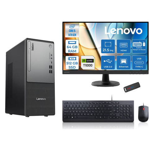 Thinkcentre Neo 50T Gen5 Intel Core I5 14400 64GB Ddr5 512GB SSD 21.5 Inç Monitör Freedos Quadro T1000 4gb Masaüstü Bilgisayar 10002112UAS1CF00F22 + Zetta Flash Bellek