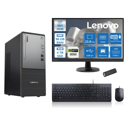 Thinkcentre Neo 50T Gen5 Intel Core I5 14400 96GB Ddr5 4tb SSD 23.8 Inç Monitör Freedos Nvidia RTX3050 6gb Masaüstü Bilgisayar 30502412UAS1CF00F30 + Zetta Flash Bellek