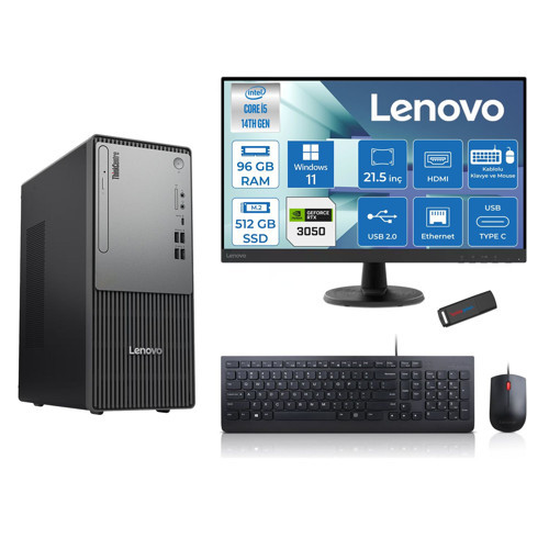 Thinkcentre Neo 50T Gen5 Intel Core I5 14400 96GB Ddr5 512GB SSD 21.5 Inç Monitör Windows 11 Home Nvidia RTX3050 6gb Masaüstü Bilgisayar 30502112UAS1CF00H27 + Zetta Flash Bellek