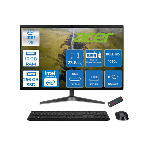 Veriton VZ2524G Intel Core Ultra 5 125U 16GB Ddr5 256GB SSD Intel® Aı Boost 23.8" Fullhd (1920 x 1080) Freedos All In One Bilgisayar DQR2REM001F01 + Zetta Flash Bellek