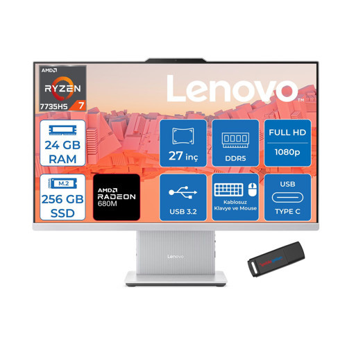 Ideacentre Aıo 27ARR9 Amd Ryzen 7 7735HS 24GB Ddr5 256GB SSD Freedos Radeon 680M 27 Inç Fhd (1920X1080) IPS 300NITS Bulut Gri All In One Bilgisayar ICF0HQ008GTRF06 + Zetta Flash Bellek