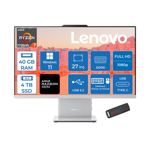 Ideacentre Aıo 27ARR9 Amd Ryzen 7 7735HS 40GB Ddr5 4tb SSD Windows 11 Pro Radeon 680M 27 Inç Fhd (1920X1080) IPS 300NITS Bulut Gri All In One Bilgisayar ICF0HQ008GTRP20 + Zetta Flash Bellek
