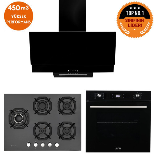 ve AFM TECH Markalı / LUXO 5 Gözlü 1'WOK Siyah Ankastre Set ( 22 385 + FM7700 + FM3250 )