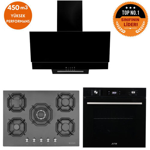 ve AFM TECH Markalı / Mas 5 Gözlü 1'WOK Siyah Ankastre Set ( 22 385 + FM7700 + FM3250 )