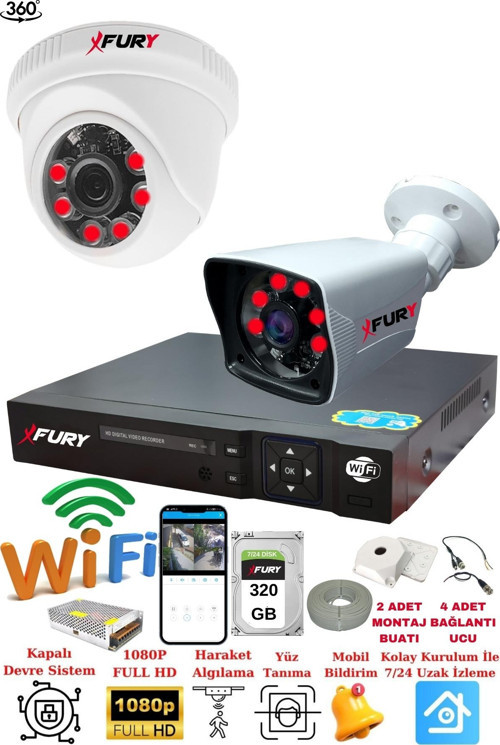 2 Kameralı 5mp 3.6mm Lens 2mp Görüntü 6 Atom Led Gece Görüşlü FullHd Güvenlik Kamerası 5525di 320GB