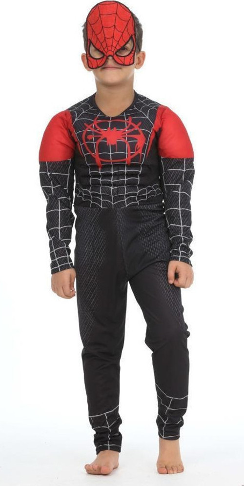 Kaslı Siyah Spiderman Kostümü + Göz Maske - Örümcek Adam Kostüm - Dolgulu Spiderman Cosplay