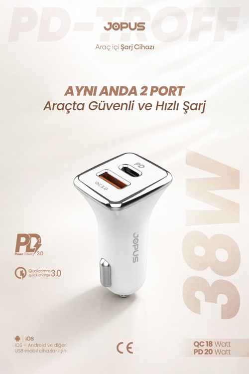 USB ve Type-C Girişli 38W Hızlı Araç Çakmaklık Şarj Aleti Başlığı Universal JO-A7