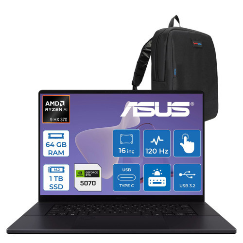 Proart P16 WH7606WX Amd Ryzen Aı 9 Hx 370 64GB Ddr5 1tb SSD Freedos RTX5070 8gb Gddr7 16 Inç Dokunmatik 3k (2880 x 1800) OLED 0.2ms 120Hz 500NITS WRJ088WWF02 + Zetta Çanta