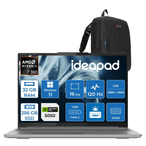 Ideapad Pro 5 16AKP10 Amd Ryzen™ Aı 7 350 32GB Ddr5 256GB SSD Rtx™ 5050/8GB 16" 2.8k (2880X1800) OLED 1100NITS 120Hz WIN11HOME Taşınabilir Bilgisayar 83JN003BTRH11+ZETTAÇANTA