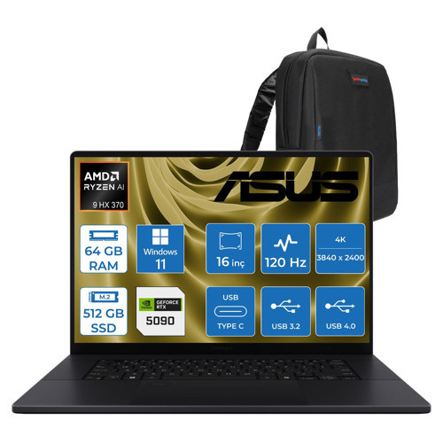 Proart P16 WH7606WX Amd Ryzen Aı 9 Hx 370 64GB Ddr5 512GB SSD Windows 11 Home RTX5090 24GB Gddr7 16 Inç Dokunmatik 4K(3840 x 2400) OLED 0.2ms 120Hz 1600NITS WSE039WH01 + Zetta Çanta