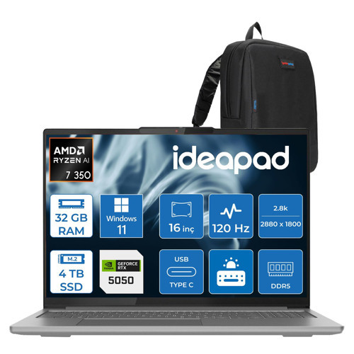 Ideapad Pro 5 16AKP10 Amd Ryzen™ Aı 7 350 32GB Ddr5 4tb SSD Rtx™ 5050/8GB 16" 2.8k (2880X1800) OLED 1100NITS 120Hz WIN11PRO Taşınabilir Bilgisayar 83JN003BTRP15+ZETTAÇANTA