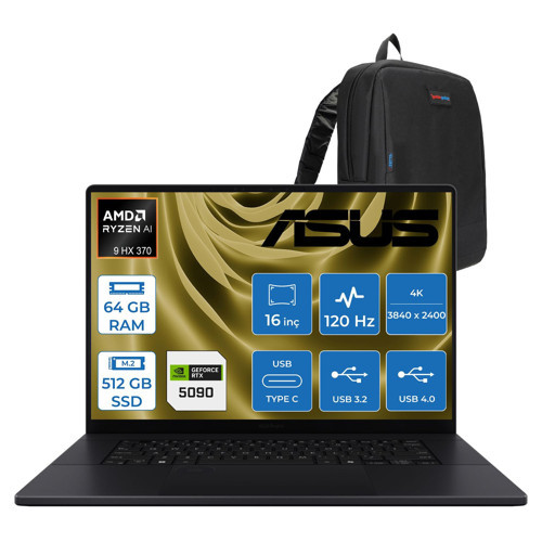 Proart P16 WH7606WX Amd Ryzen Aı 9 Hx 370 64GB Ddr5 512GB SSD Freedos RTX5090 24GB Gddr7 16 Inç Dokunmatik 4K(3840 x 2400) OLED 0.2ms 120Hz 1600NITS WSE039WF01+ Zetta Çanta
