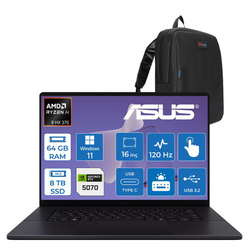 Proart P16 WH7606WX Amd Ryzen Aı 9 Hx 370 64GB Ddr5 8tb SSD Windows 11 Home RTX5070 8gb Gddr7 16 Inç Dokunmatik 3k (2880 x 1800) OLED 0.2ms 120Hz 500NITS WRJ088WWH06 + Zetta Çanta