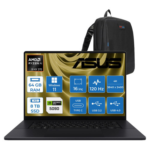 Proart P16 WH7606WX Amd Ryzen Aı 9 Hx 370 64GB Ddr5 8tb SSD Windows 11 Home RTX5090 24GB Gddr7 16 Inç Dokunmatik 4K(3840 x 2400) OLED 0.2ms 120Hz 1600NITS WSE039WH06 + Zetta Çanta