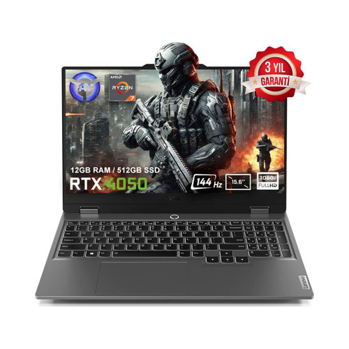 LOQ 15ARP9 83JC00FHTR AMD Ryzen 7-7435HS 12GB DDR5 512GB SSD RTX4050 6GB 15.6 inç 144Hz Full HD FreeDos Gaming Laptop