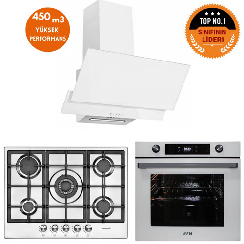 ve AFM TECH Markalı / VERA 5 Gözlü 1'WOK İnox Beyaz Ankastre Set ( 22 380+ FM7701+FM3301)
