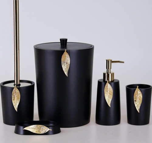 5 Parça Polyester Banyo Seti Leaf Banyo Seti Siyah-Altın
