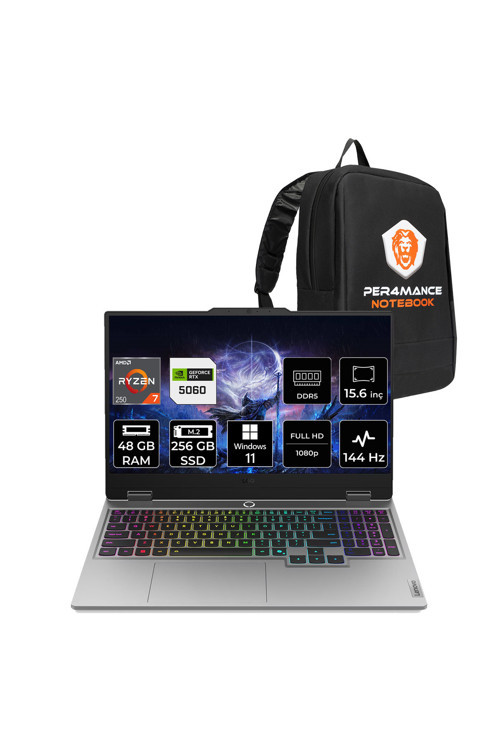 LOQ Ryzen 7 250 48GB 256GB SSD RTX5060/8GB 100W 15.6" FHD 144Hz W11P Gaming Laptop & Çanta