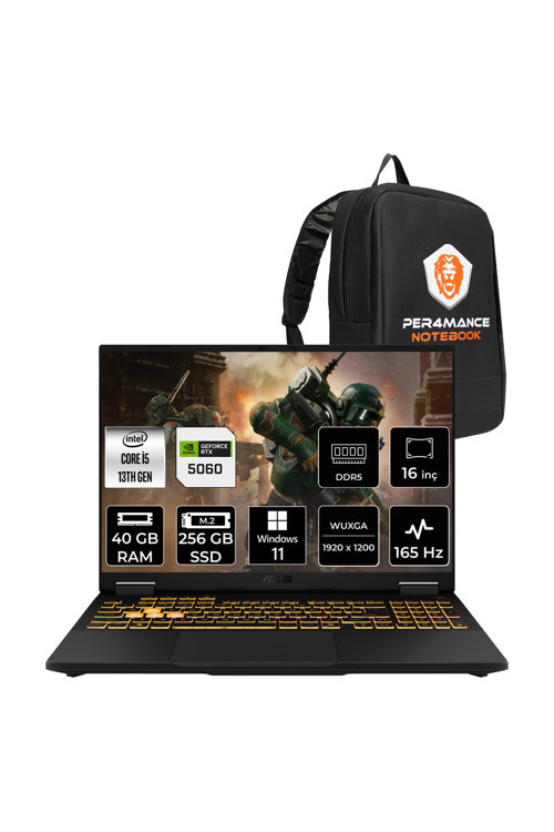 TUF F16 i5-13450HX 40GB 256GB SSD RTX5060/8GB 115W 16" FHD+ 165Hz W11H Gaming Laptop & Çanta