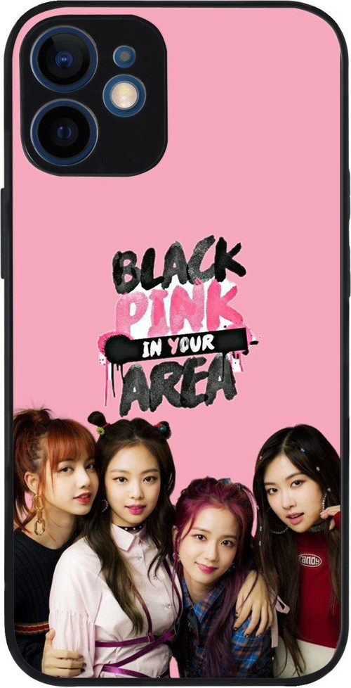 Apple iPhone 12 Mini ile Uyumlu Silikon Arkası Cam Kapak BlackPink Tasarımlı Cam Kılıf