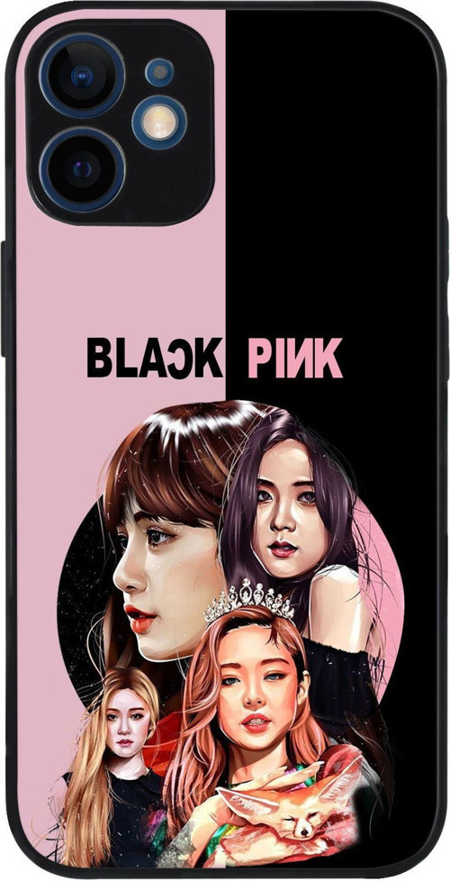 Apple iPhone 12 Mini ile Uyumlu Silikon Arkası Cam Kapak BlackPink Tasarımlı Cam Kılıf