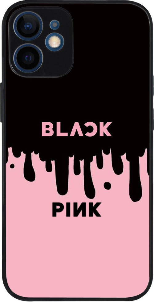 Apple iPhone 12 Mini ile Uyumlu Silikon Arkası Cam Kapak BlackPink Tasarımlı Cam Kılıf