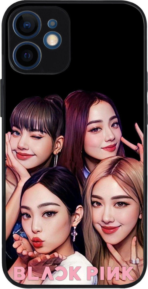 Apple iPhone 12 Mini ile Uyumlu Silikon Arkası Cam Kapak BlackPink Tasarımlı Cam Kılıf