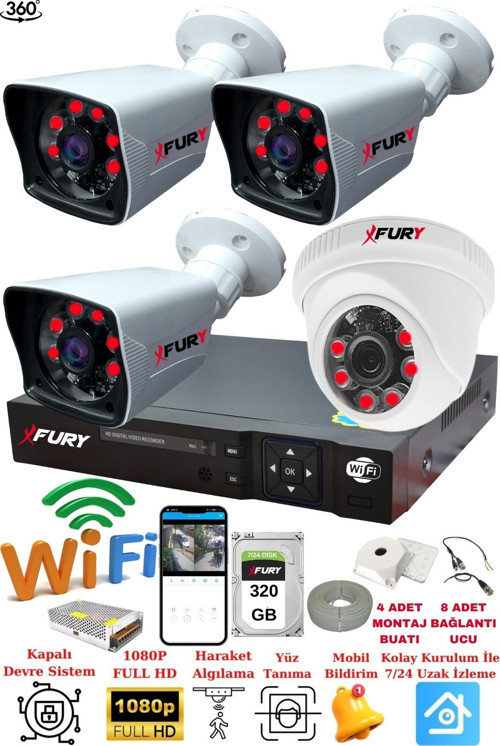XFury 4 Kameralı 5mp 3.6mm Lens 2mp Görüntü 6 Atom Led Gece Görüşlü FullHd Güvenlik Kamerası 5525di 320GB
