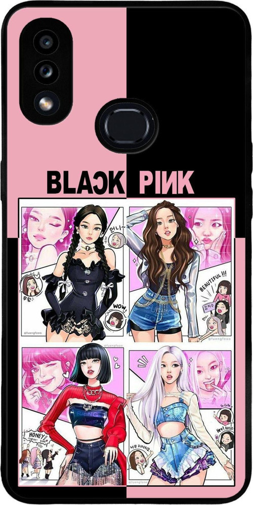 Samsung Galaxy A10s ile Uyumlu Silikon Arkası Cam Kapak BlackPink Tasarımlı Cam Kılıf