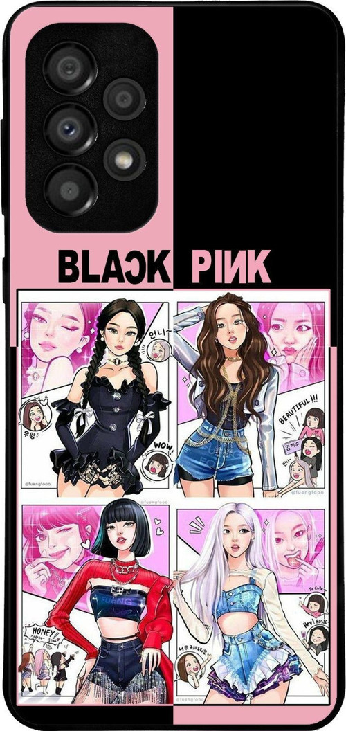 Samsung Galaxy A33 ile Uyumlu Silikon Arkası Cam Kapak BlackPink Tasarımlı Cam Kılıf