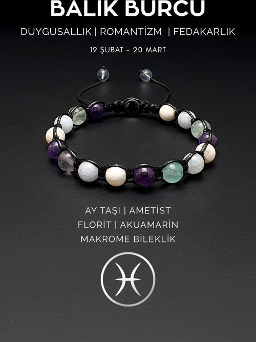 Doğal Taş Bileklik, Balık Burcu, Ay Taşı, Ametist, Akuamarin, Florit Taşı Makrome Bileklik Ayarlanab