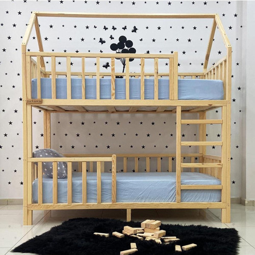 Montessori Yatak Çatılı Doğal Ahşap Ranza Karyola