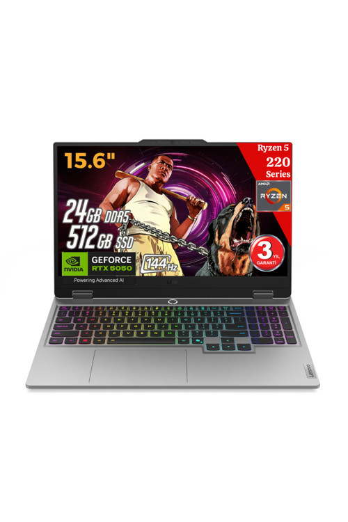 LOQ 15AHP10 AI AMD Ryzen5 220 24GB 512GB RTX5050 15.6 IPS 144HzFHD FreeDos 83JG006BTR Gaming Laptop