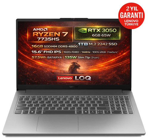 LOQ 15ARP10E AMD Ryzen 7 7735HS 16GB 1TB SSD RTX 3050 6GB 15.6" FHD (1920X1080) IPS 144Hz Freedos Taşınabilir Bilgisayar 83S00032TR