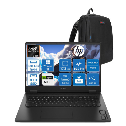 Omen 17-DB1022NT Amd Ryzen Aı 9 365 128GB Ddr5 8tb SSD Windows 11 Home RTX5060 8gb Gddr6 17.3 Inç Fullhd (1920 x 1080) 144Hz 7ms 300NITS IPS Taşınabilir Bilgisayar CD5N2EAH54 + Zetta Çanta