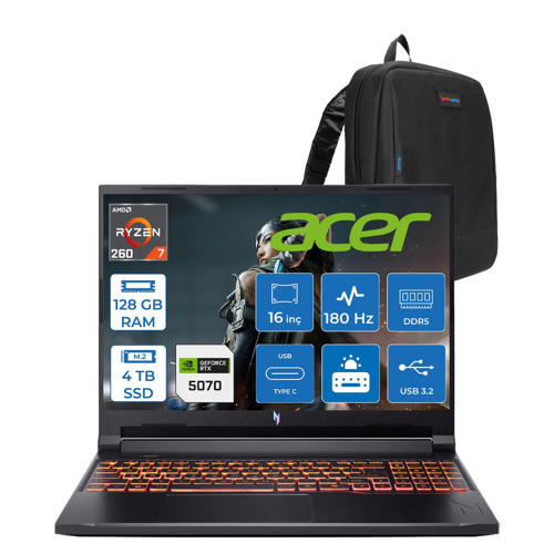 Nitro V 16S Aı Amd Ryzen™ 7 260 128GB Ddr5 4tb SSD 8GB/RTX5070 95W 16"qhd+ 2560X1600 180Hz IPS Freedos Gaming Bilgisayar. NHQYYEY001F35+ZETTAÇANTA