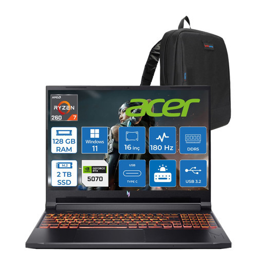 Nitro V 16S Aı Amd Ryzen™ 7 260 128GB Ddr5 2tb SSD 8GB/RTX5070 95W 16"qhd+ 2560X1600 180Hz IPS WIN11HOME Gaming Bilgisayar. NHQYYEY001H34+ZETTAÇANTA