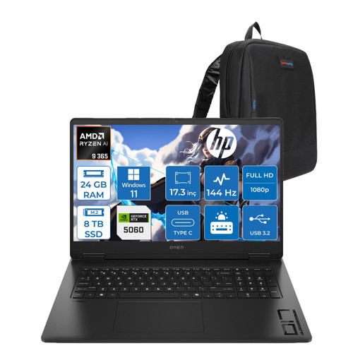 Omen 17-DB1022NT Amd Ryzen Aı 9 365 24GB Ddr5 8tb SSD Windows 11 Pro RTX5060 8gb Gddr6 17.3 Inç Fullhd (1920 x 1080) 144Hz 7ms 300NITS IPS Taşınabilir Bilgisayar CD5N2EAP12 + Zetta Çanta
