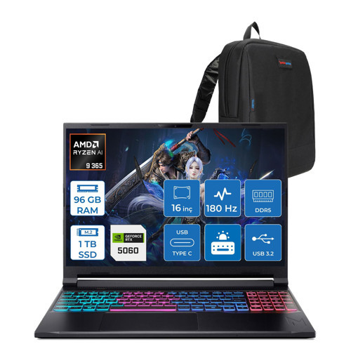 Nitro V 16S Aı AN16S Amd Ryzen™ Aı 9 365 96GB Ddr5 1tb SSD 8GB/RTX5060 115W 16"qhd+ 2560X1600 180Hz IPS Freedos Gaming Bilgisayar. NHQXUEY001F28+ZETTAÇANTA