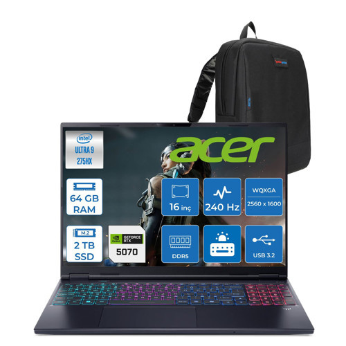 Predator Helıos Neo 16S Aı Intel®core™ Ultra 9 275HX 64GB Ddr5 2tb SSD 8GB/RTX5070 115W OLED 16"wqxga 2560 x 1600 240Hz Freedos Gaming Bilgisayar. NHQZFEY002F19+ZETTAÇANTA