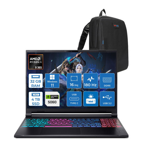 Nitro V 16S Aı AN16S Amd Ryzen™ Aı 9 365 32GB Ddr5 4tb SSD 8GB/RTX5060 115W 16"qhd+ 2560X1600 180Hz IPS WIN11HOME Gaming Bilgisayar. NHQXUEY001H10+ZETTAÇANTA