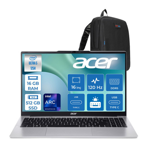 Aspire Lite AL16-71P Intel Core Ultra 5 125H 4.5ghz 16GB Ddr5 512GB SSD Freedos Arc Graphics 16" 120Hz IPS Fullhd+ (1920X1200) Taşınabilir Bilgisayar NXDCLEY001F02 + Zetta Çanta