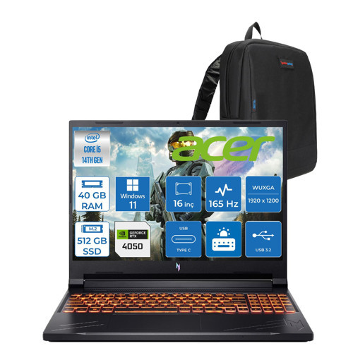 Nitro ANV16 Intel Core I5 14450HX 4.8ghz 40GB Ddr5 512GB SSD Windows 11 Pro RTX4050 85W 6gb 16" IPS Wuxga (1920 x 1200) 165HZ Taşınabilir Bilgisayar NHQTREY001P17 + Zetta Çanta