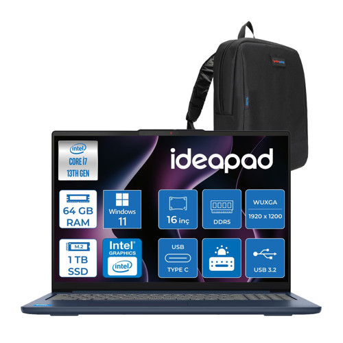 Ideapad Slim 5 16IRH10 Intel Core I7-13620H 64GB Ddr5 1tb SSD Intel® UHD Graphics 16" Wuxga (1920X1200) IPS 300NITS WIN11PRO Taşınabilir Bilgisayar 83HS00B4TRP23+ZETTAÇANTA